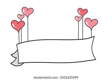 Hand drawn vector ribbon banner held by heart balloons. Celebration card template  background Happy valentine's day icon can be used for celebrating card background or design elements.