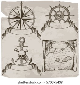 Hand drawn vector ribbon banners with pirate elements in vintage style