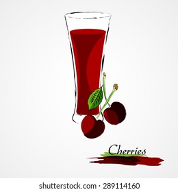 Hand drawn vector ripe cherries fruit and juice in glass on light background