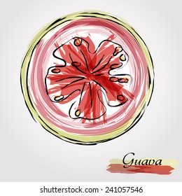 Hand drawn vector ripe half of, slice guava, gujava fruit on light background