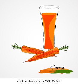 Hand drawn vector ripe orange carrot and juice in glass on light background