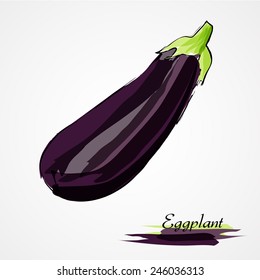 Hand drawn vector ripe purple eggplant on the light background