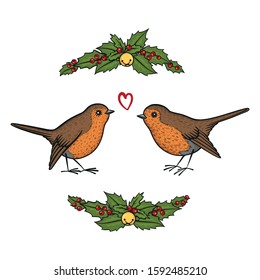 Hand drawn vector robin birds and green branches of holly isolated on white background