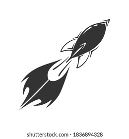 Vector de cohetes dibujado a mano con llama, aislado en fondo blanco.