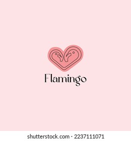 Plantilla de logo de flamingo romántico con vector dibujado a mano con corazón rosado sobre fondo blanco.