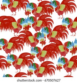 Hand drawn vector rooster. Stylization of Russian folk art. Seamless pattern.