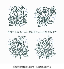 Hand drawn vector rose flower elements. Floral line art for feminine logo, icon, business card, wedding invitation, or decoration