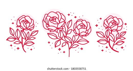 Hand drawn vector rose flower elements. Floral line art for feminine logo, icon, business card, wedding invitation, or decoration