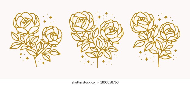 Hand drawn vector rose flower elements. Floral line art for feminine logo, icon, business card, wedding invitation, or decoration