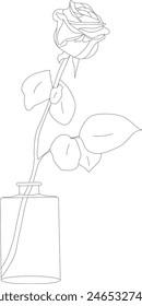 Hand drawn vector rose flower in vase linear contour silhouette isolated on white. One line illustration. Floral design element for print, beauty branding, card, poster. Minimal contemporary drawing.