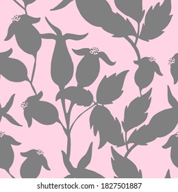 Hand drawn vector rose hips branches pattern. Rose hips graphic textile pattern. Berry background. Rose hips sketch illustration. Silhouettes of berries.