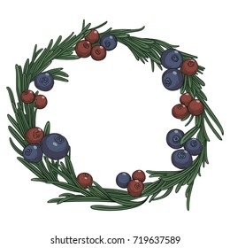 Hand drawn vector rosemary and berries wreath isolated on white background