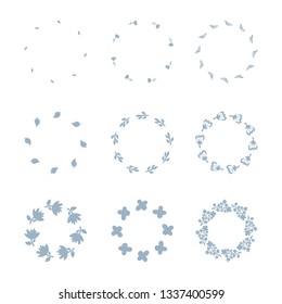 Hand drawn vector round frame set collection. Floral wreath with leaves, branches Decorative elements for design. Ink, vintage and rustic styles.