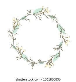 Hand drawn vector round frame. Floral wreath with leaves, vintage and rustic styles. 