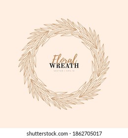 Hand drawn vector round frame. Floral wreath with leaves, berries, branches Decorative elements for design. Ink, vintage and rustic styles.