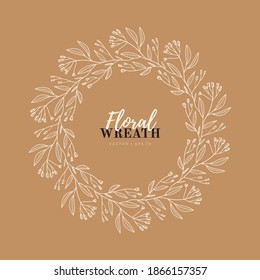 Hand drawn vector round frame. Floral wreath with leaves, berries, branches Decorative elements for design. Ink, vintage and rustic styles.