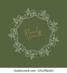 Hand drawn vector round frame. Floral wreath with leaves, berries, branches Decorative elements for design. Ink, vintage and rustic styles.