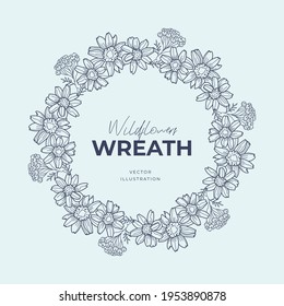 Hand drawn vector round frame. Floral wreath with leaves, berries, branches Decorative elements for design. Ink, vintage and rustic styles.
