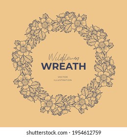 Hand drawn vector round frame. Floral wreath with leaves, berries, branches Decorative elements for design. Ink, vintage and rustic styles.