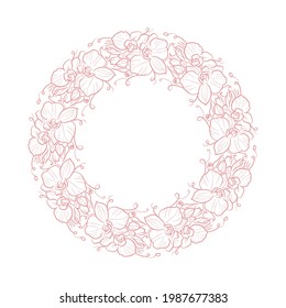 Hand drawn vector round frame. Floral wreath with leaves, berries, branches Decorative elements for design. Ink, vintage and rustic styles.