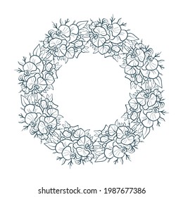 Hand drawn vector round frame. Floral wreath with leaves, berries, branches Decorative elements for design. Ink, vintage and rustic styles.