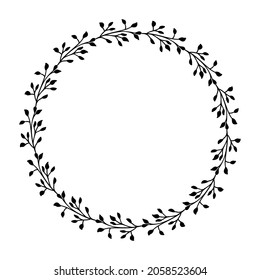 Hand drawn vector round frame. Floral wreath with leaves, berries, branches Decorative elements for design. Ink, vintage and rustic styles.
