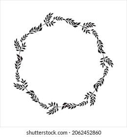 Hand drawn vector round frame. Floral wreath with leaves, berries, branches Decorative elements for design. Ink, vintage and rustic styles.