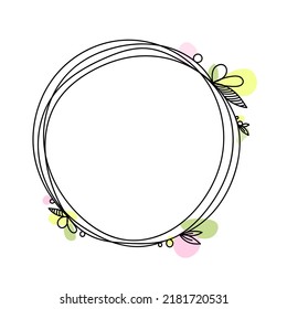 Hand drawn vector round frame. Floral wreath with leaves, spots. Decorative elements for design. Ink vintage, rustic wedding style