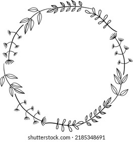 Hand drawn vector round frame. Floral wreath with leaves, berries, branches. Ink, vintage and rustic styles. 