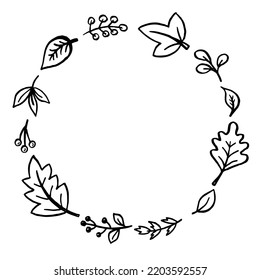 Hand Drawn Vector Round Frame. Doodle Floral Wreath With Leaves, Berries, Branches. Decorative Elements For Design.