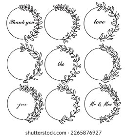 Hand drawn vector round frame. Floral wreath with branches. Decorative elements for design in doodle style