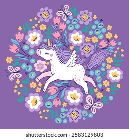 Hand drawn vector round frame. Cute unicorn among fantasy flowers. Bright illustration in pastel colors for design children's room, clothing, nursery, poster