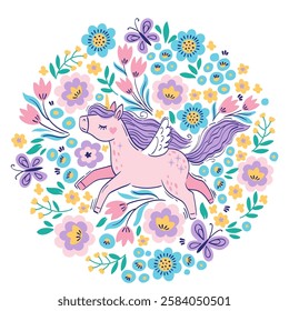 Hand drawn vector round frame. Cute unicorn among fantasy flowers. Bright illustration in pastel colors for design children's room, clothing, nursery, poster