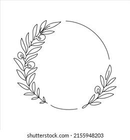 Hand drawn vector round frames with olives branches. Line art floral design with olives for invitations, logos, web, menu, greeting cards, posters, monograms, wedding decoration. One line floral frame