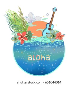 Hand drawn vector round shape Hawaiian postcard with water layer and ukulele. There are sunset and floral composition with plumeria, rice and palm leaves on the background. Signed with lettering.