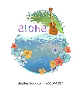 Hand drawn vector round shape Hawaiian postcard with water layer and plumeria blossom. There is palm leaf and ukulele in the bottom of composition. Signed with lettering.