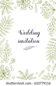 Hand drawn vector rowan background for wedding invitation. Floral and decorative motives. Perfect for cards and invitations.Green and white