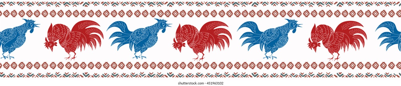Hand drawn vector rustic fresco. Blue and red  Roosters with tribal elements. Can be used for kitchen design.