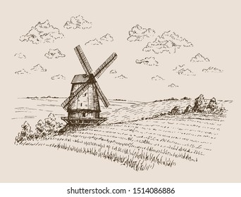 Hand drawn vector rustic landscape with mill and fields