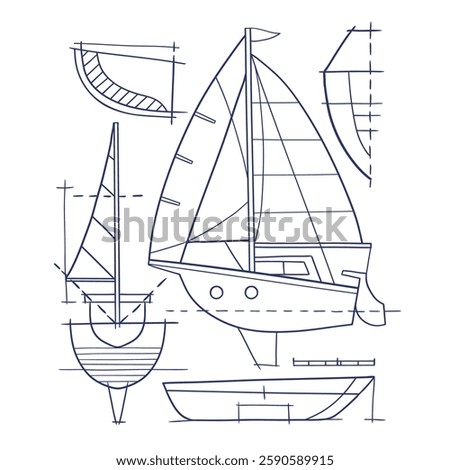 Hand drawn vector sailboat blueprint. Sailing ship sketch design. EPS10 vector file.	