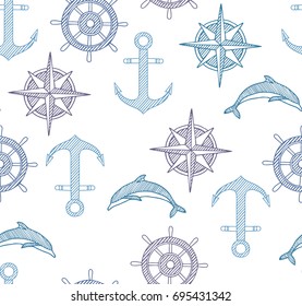 Hand drawn vector sailing pattern with anchors, dolphins and compass. Blue colors. Perfect for textiles, wallpaper and prints.