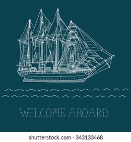 hand drawn vector sailing ship linear illustration