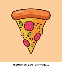 Hand drawn vector salami pepperoni pizza slice on background.