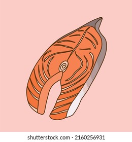 Hand drawn vector of salmon or fish fillet isolated on light pink background.