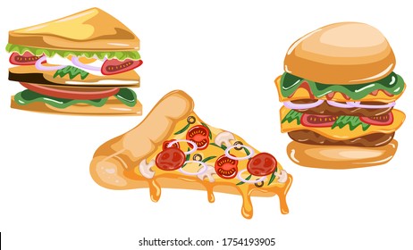 Hand drawn vector of sandwich, burger and pizza slice set. Fast Food Cartoon Clip art  isolated illustration in white background 