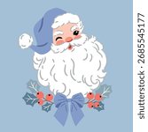 Hand drawn vector Santa Claus head on isolated background. Vintage Christmas print clipart. Perfect for card, logo or nursery print design. EPS10 vector file.