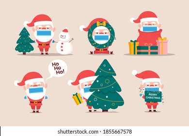 Hand drawn vector santa claus character collection,
santa claus in a medical mask, Christmas during the pandemic, new year pandemic