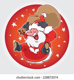 Hand drawn vector Santa Claus illustration jumping in air with sack.