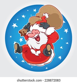 Hand drawn vector Santa Claus illustration jumping in air with sack.