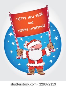 Hand drawn vector Santa Claus illustration holding a banner with candy bars.